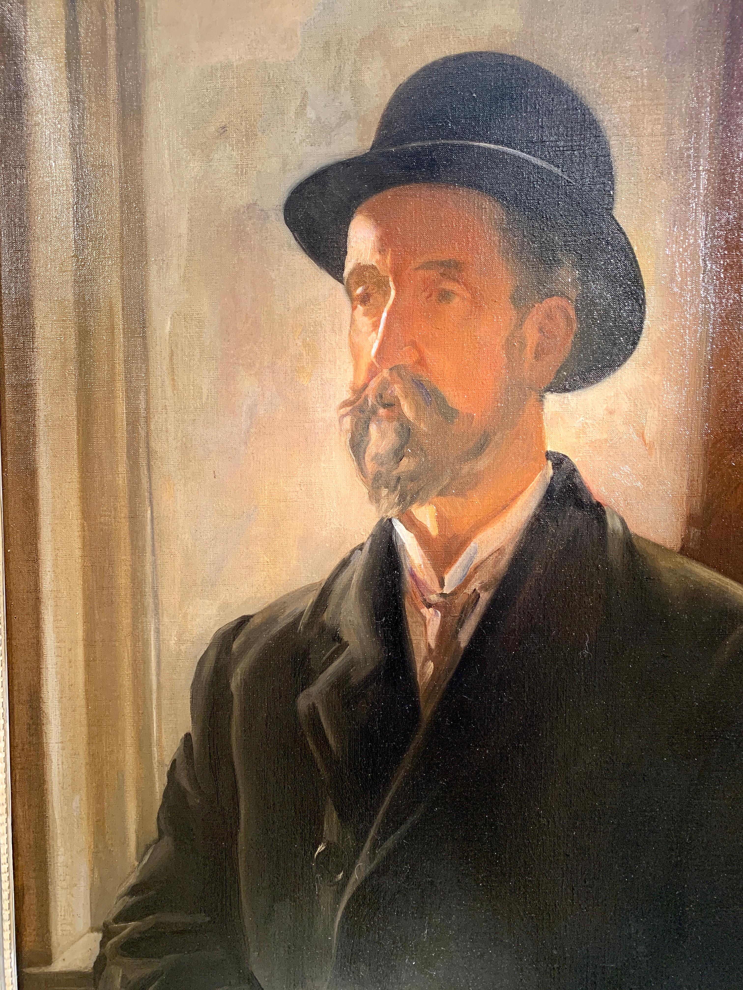 1930's English, Portrait in oil of a Bowler Hatted man, Photographer John Bean - Painting by George Herbert Buckingham Holland