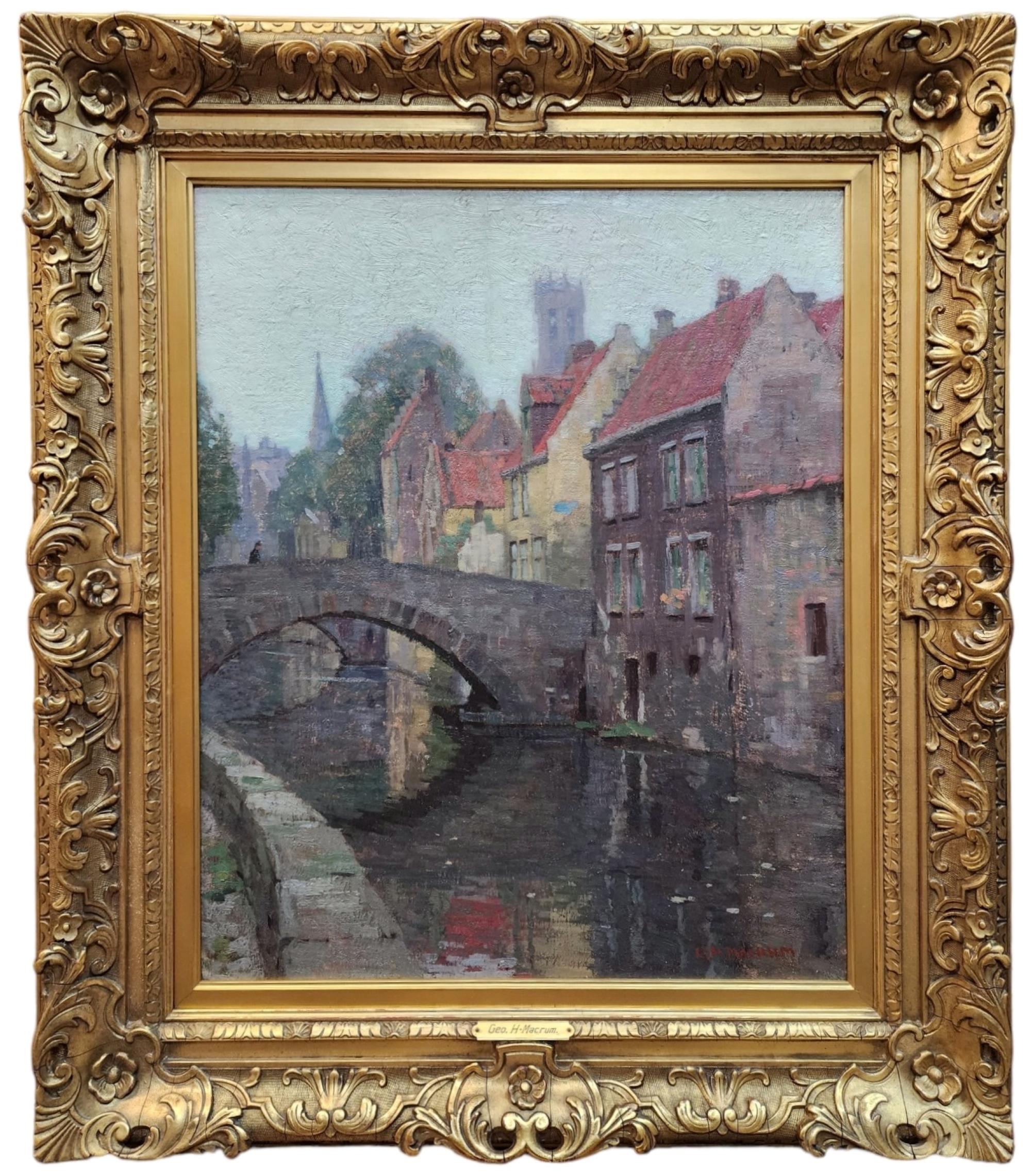 Canal à Bruges, Belgium, Bridge, Early 20th Century European City, Urban Genre - Painting by George Herbert Macrum