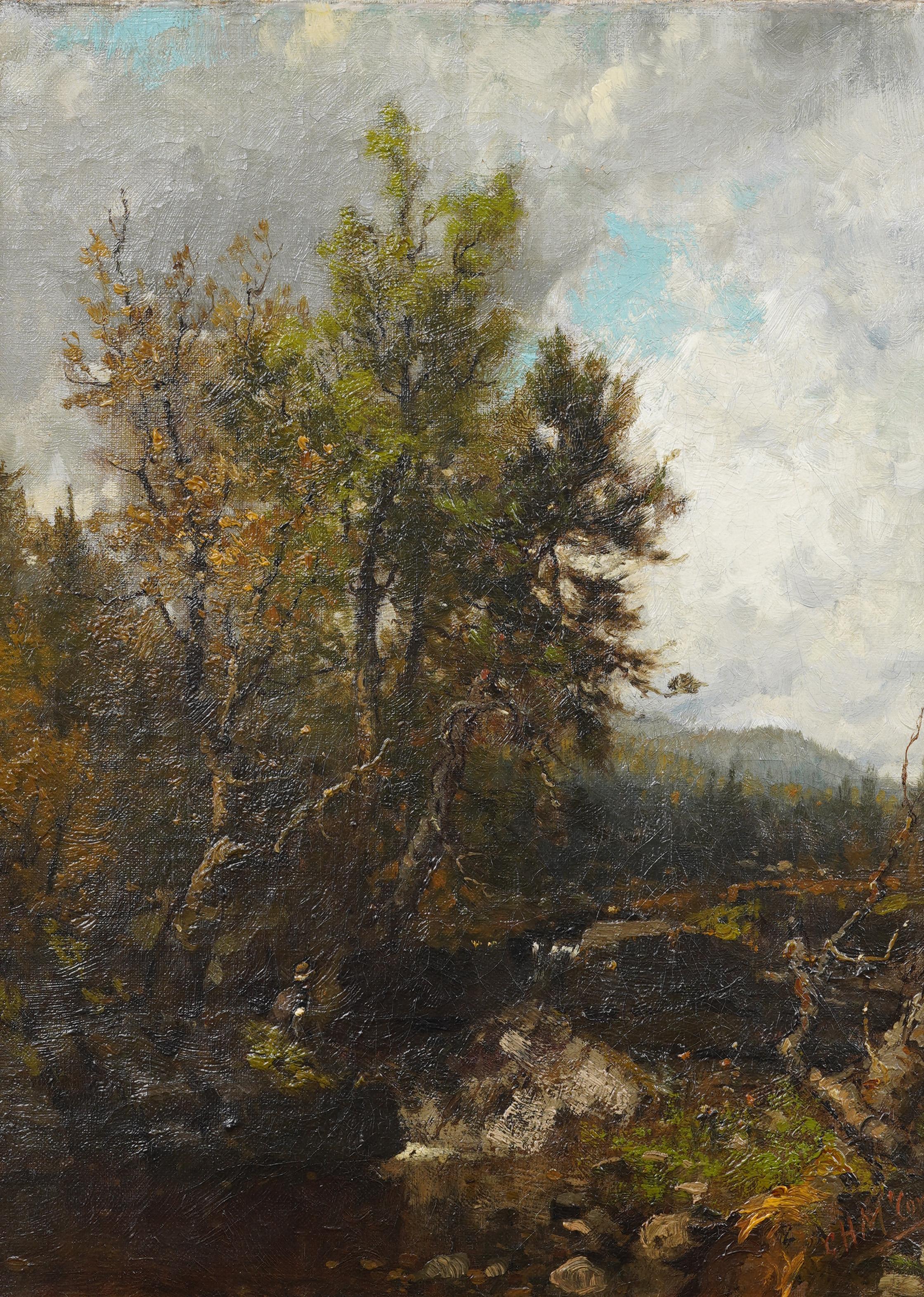 This atmospheric 19th-century oil painting by George H. McCord (1848–1909) depicts a wooded riverbank under a dynamic sky, rendered with the crisp naturalism and luminist subtlety associated with the Hudson River School. McCord, a prominent member