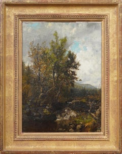 Peinture ancienne signée et encadrée, paysage de montagne de l'école de la rivière Hudson
