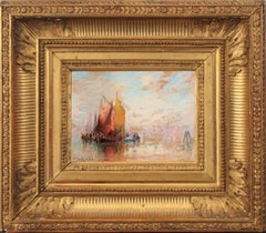 Antike amerikanische Hudson River School Meereslandschaft, Sonnenuntergang, Segelboot, signiertes Gemälde