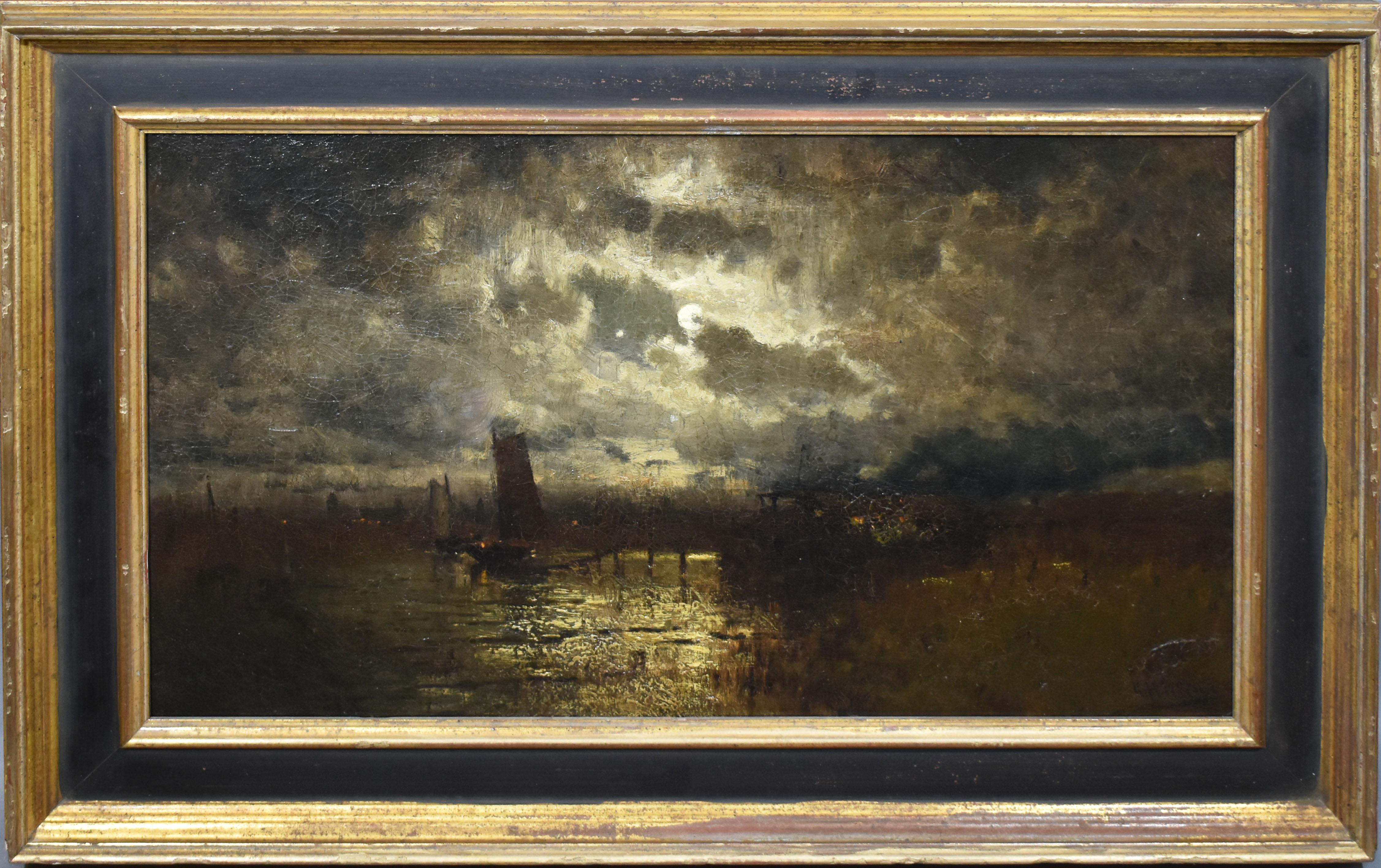 George Herbert McCord Landscape Painting - Antique Hudson River School Luminous Tonalist Sunset Boat Harbor Oil Painting
