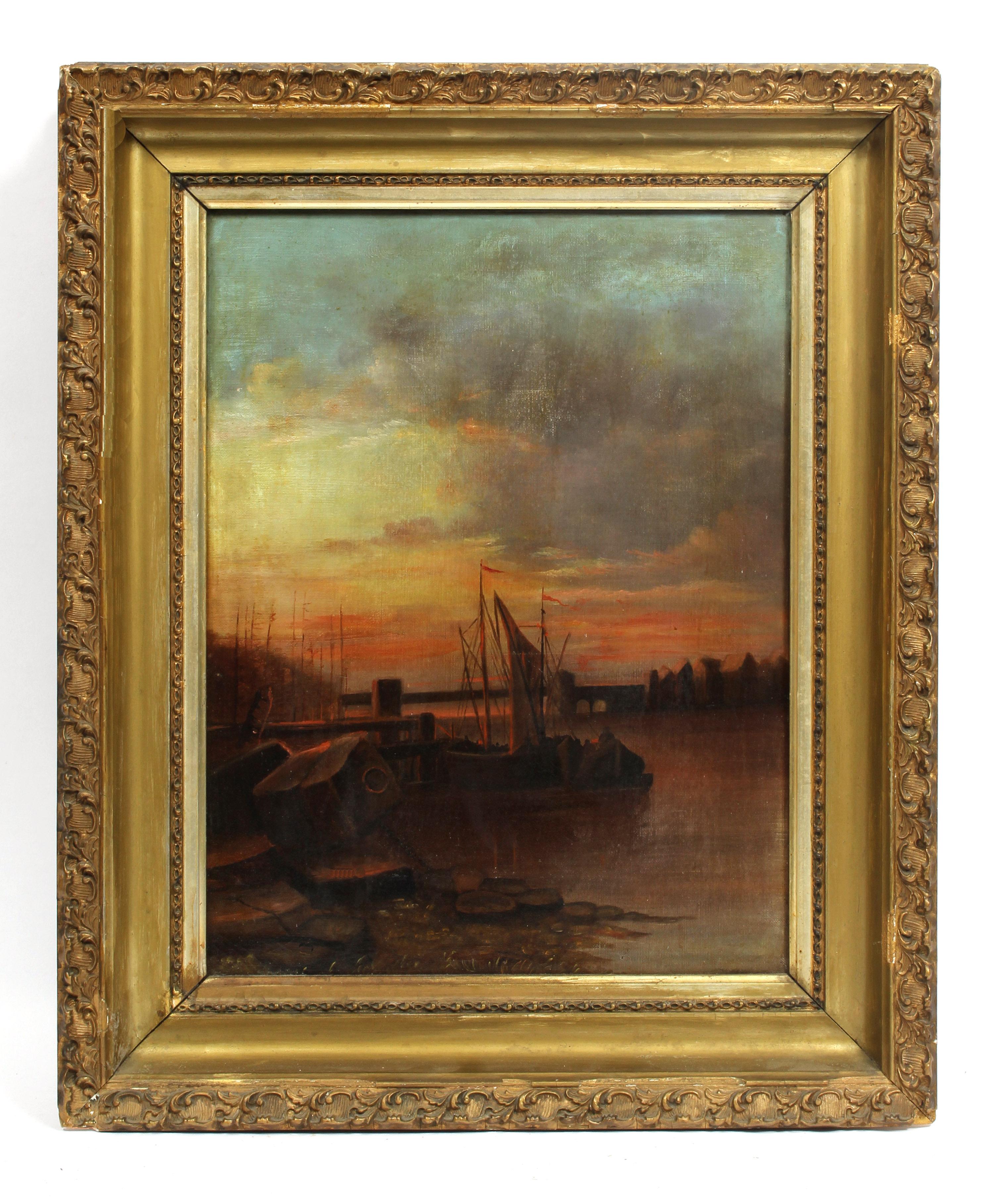 George Herbert McCord Landscape Painting - Antique Hudson River School Luminous Tonalist Sunset Boat Harbor Oil Painting