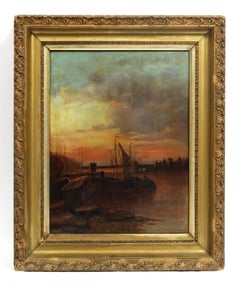 Antique Hudson River School Luminous Tonalist Sunset Boat Harbor Oil Painting