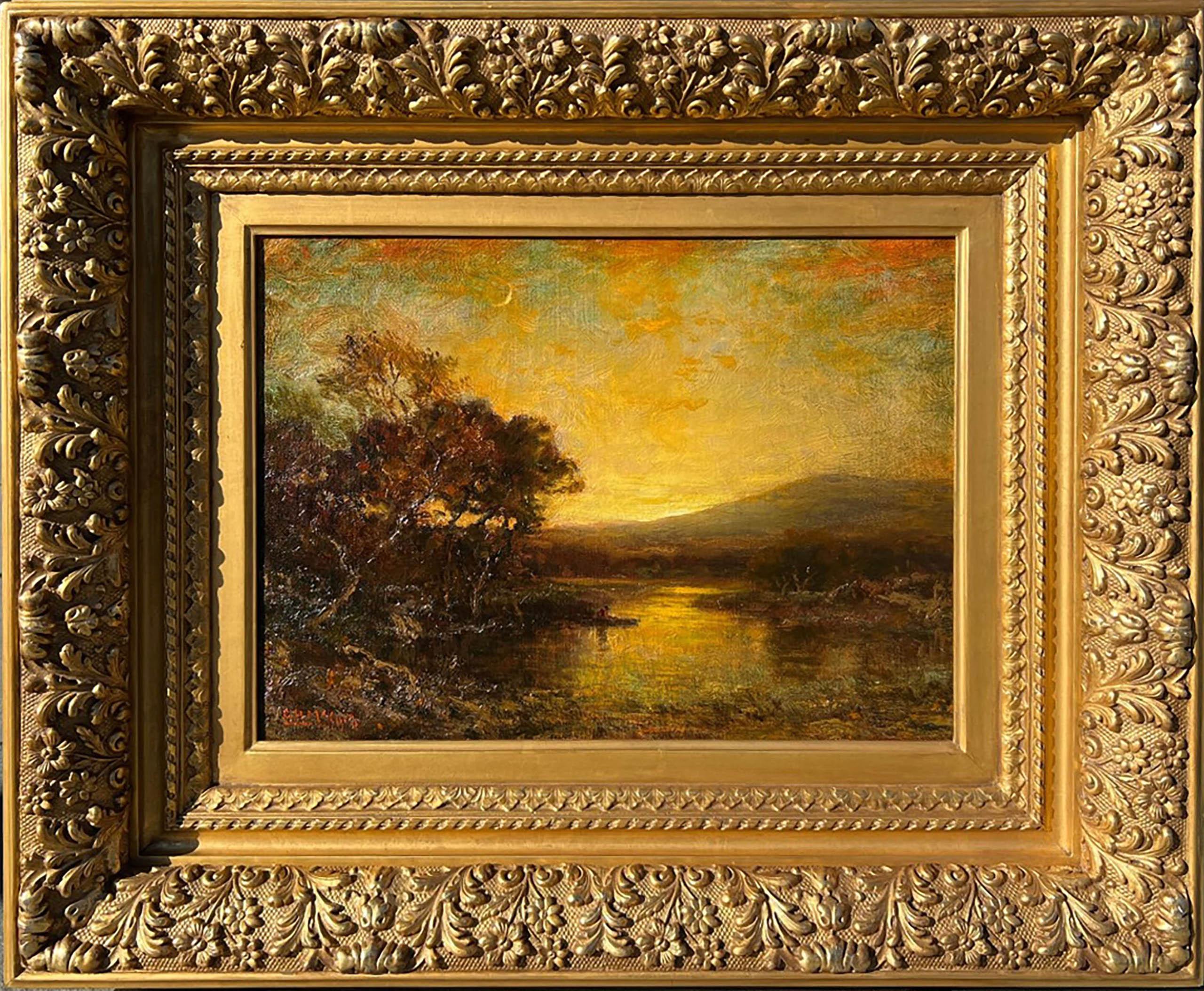 Tonalist sunset painting by American artist George Herbert McCord (1848-1909), "Boating at Sunset" depicts a lone figure boating on a body of glimmering water as the sun sets behind a mountain. A crescent moon is depicted at upper left.  Painted in