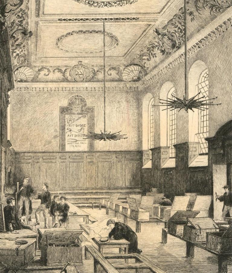 Pupils relax in a magnificent schoolroom.

Sumner has achieved a magnitude of depth and detail through his expert etching technique.

The plate is inscribed 'Etched by Heywood Sumner July 10 1880' in the bottom left-hand corner.

Inscribed and