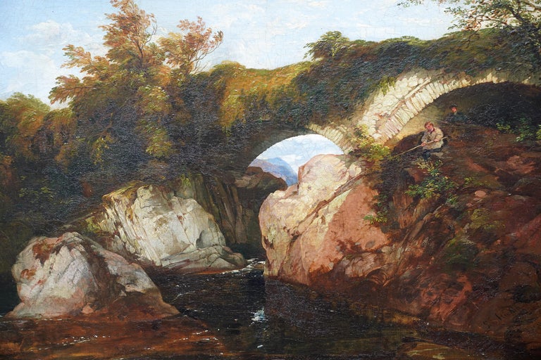 Welsh River Landscape at Betws-y Coed with Boys Fishing - British oil painting - Painting by George Hickin