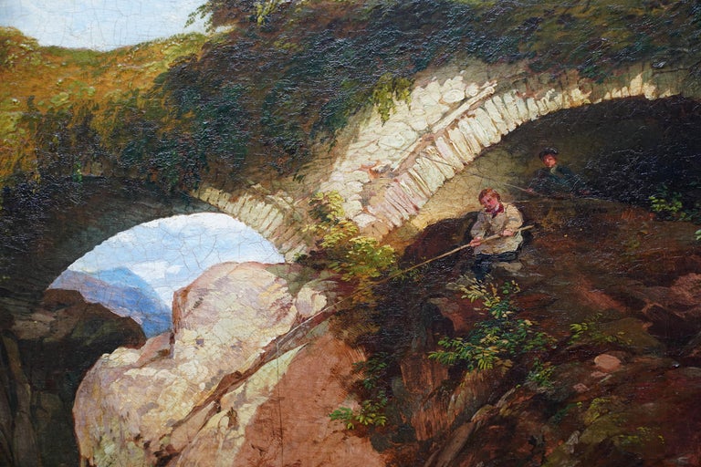 Welsh River Landscape at Betws-y Coed with Boys Fishing - British oil painting - Victorian Painting by George Hickin