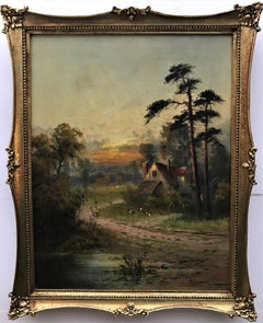 Landscape with Cottage, original oil on canvas, realist style, 20th Century