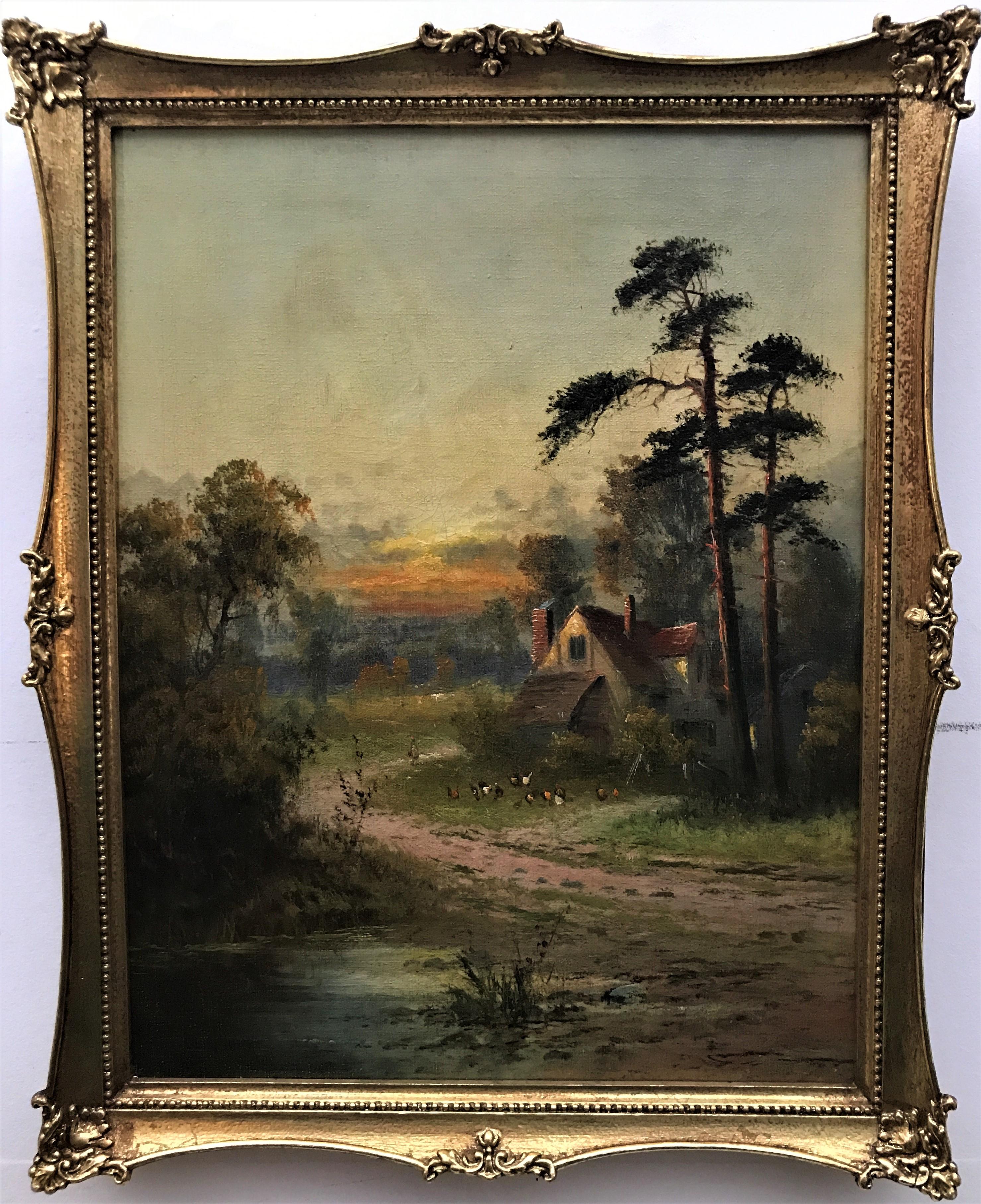 Landscape with Cottage, original oil on canvas, realist style, 20th Century - Painting by George Hider
