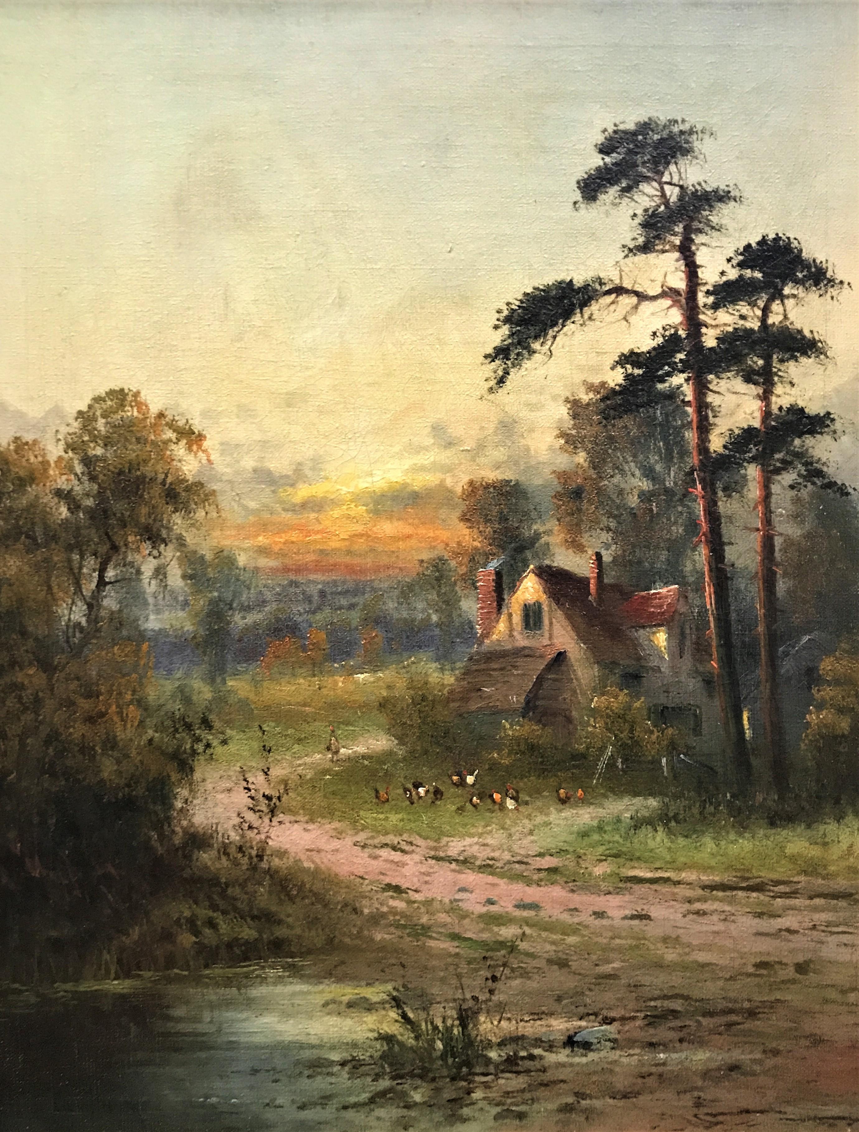 George Hider Landscape Painting – Landlandschaft mit Hütte, Original Öl auf Leinwand, realistischer Stil, 20. Jahrhundert