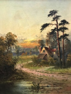 Paysage avec cottage, huile sur toile originale, style réaliste, 20e siècle