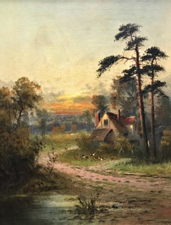 Landschaft mit Häuschen, Original-Ölgemälde auf Leinwand, realistischer Stil, 20. Jahrhundert