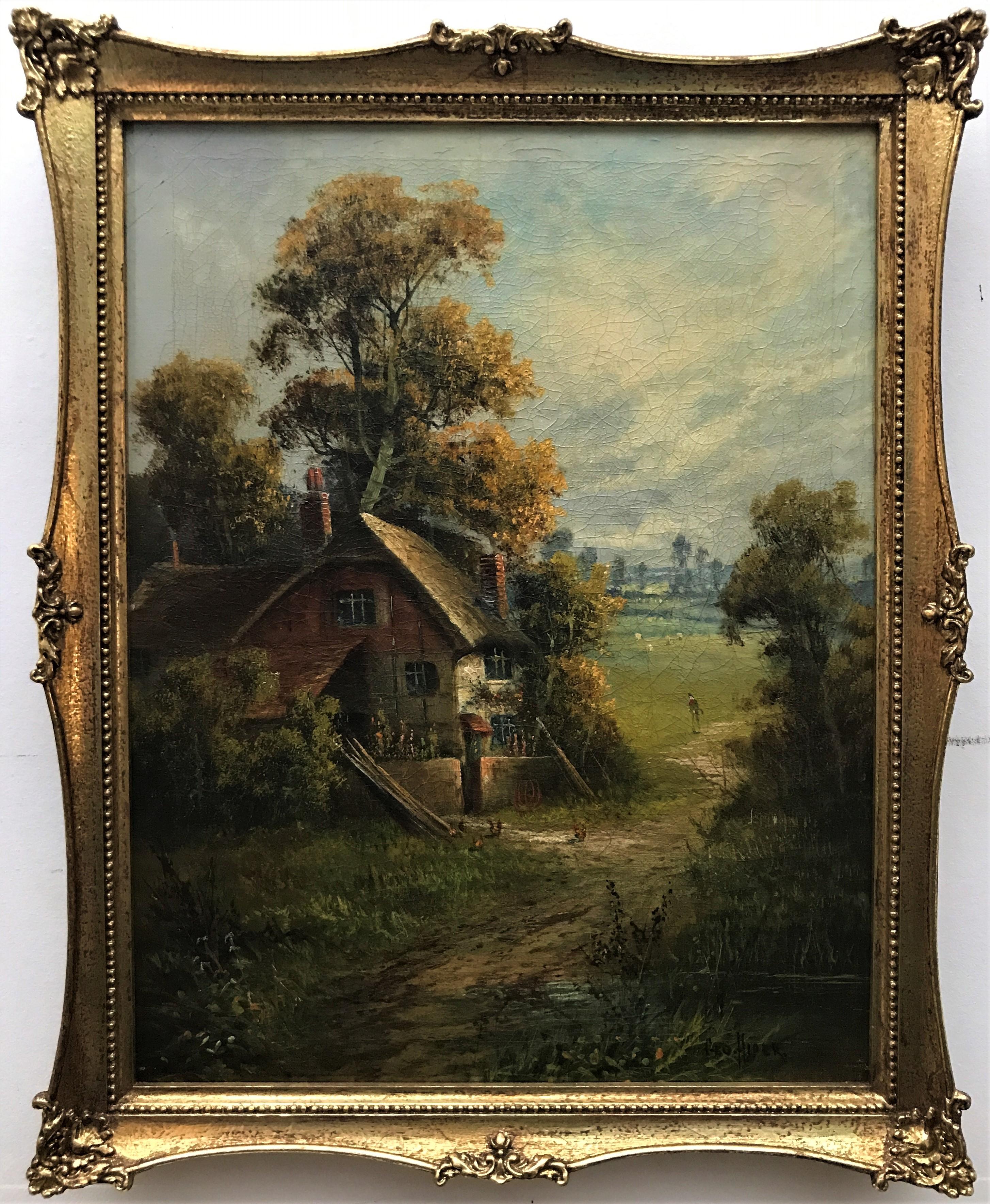 Landscape with Cottage, original oil on canvas, realist style, 20thCentury - Painting by George Hider