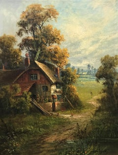 Landscape with Cottage, original oil on canvas, realist style, 20thCentury