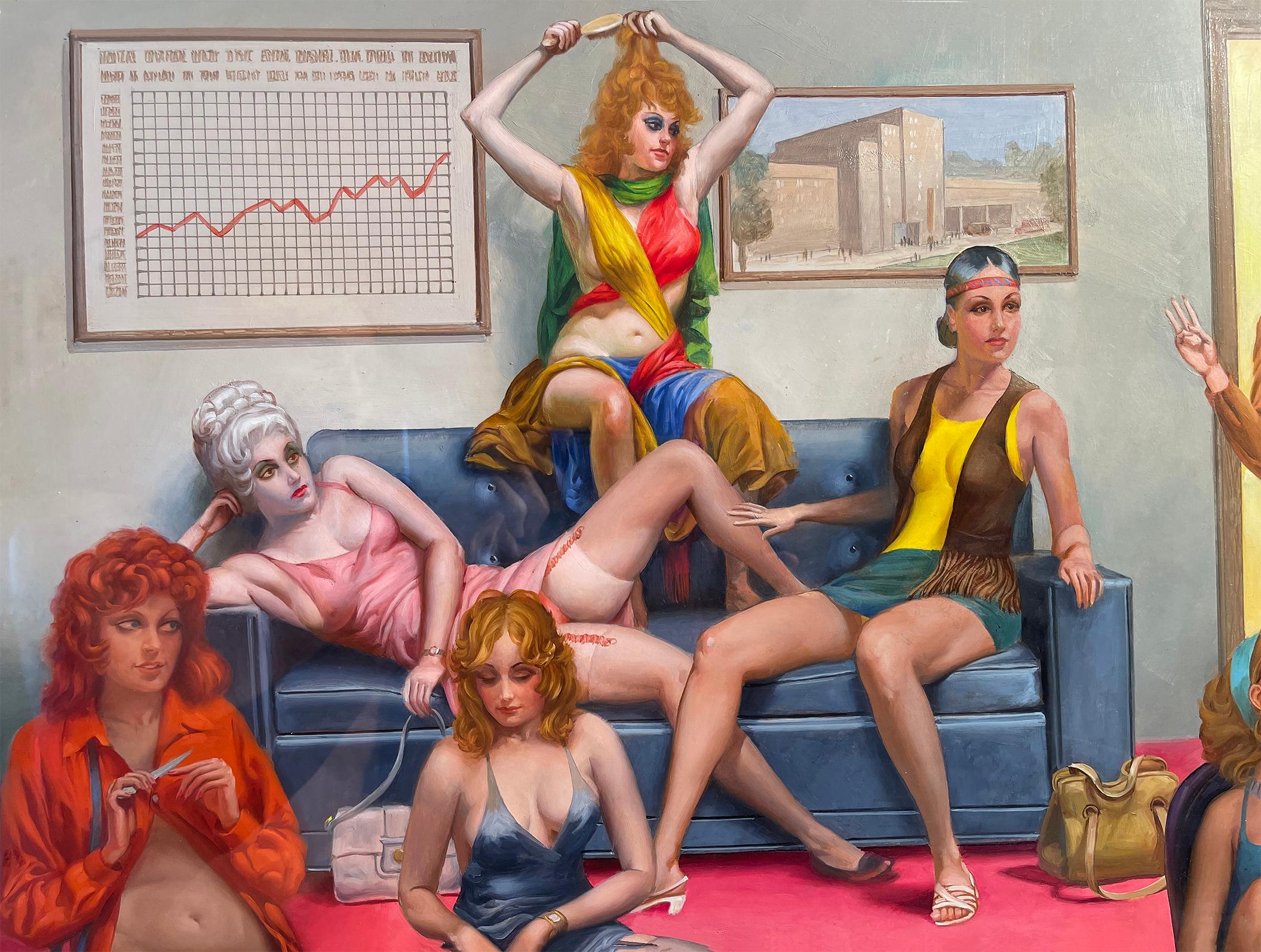 Bordel, Harem groovy avec Courtesan, Concubine, Paramour, Playboy Magazine - Painting de George Hirsch