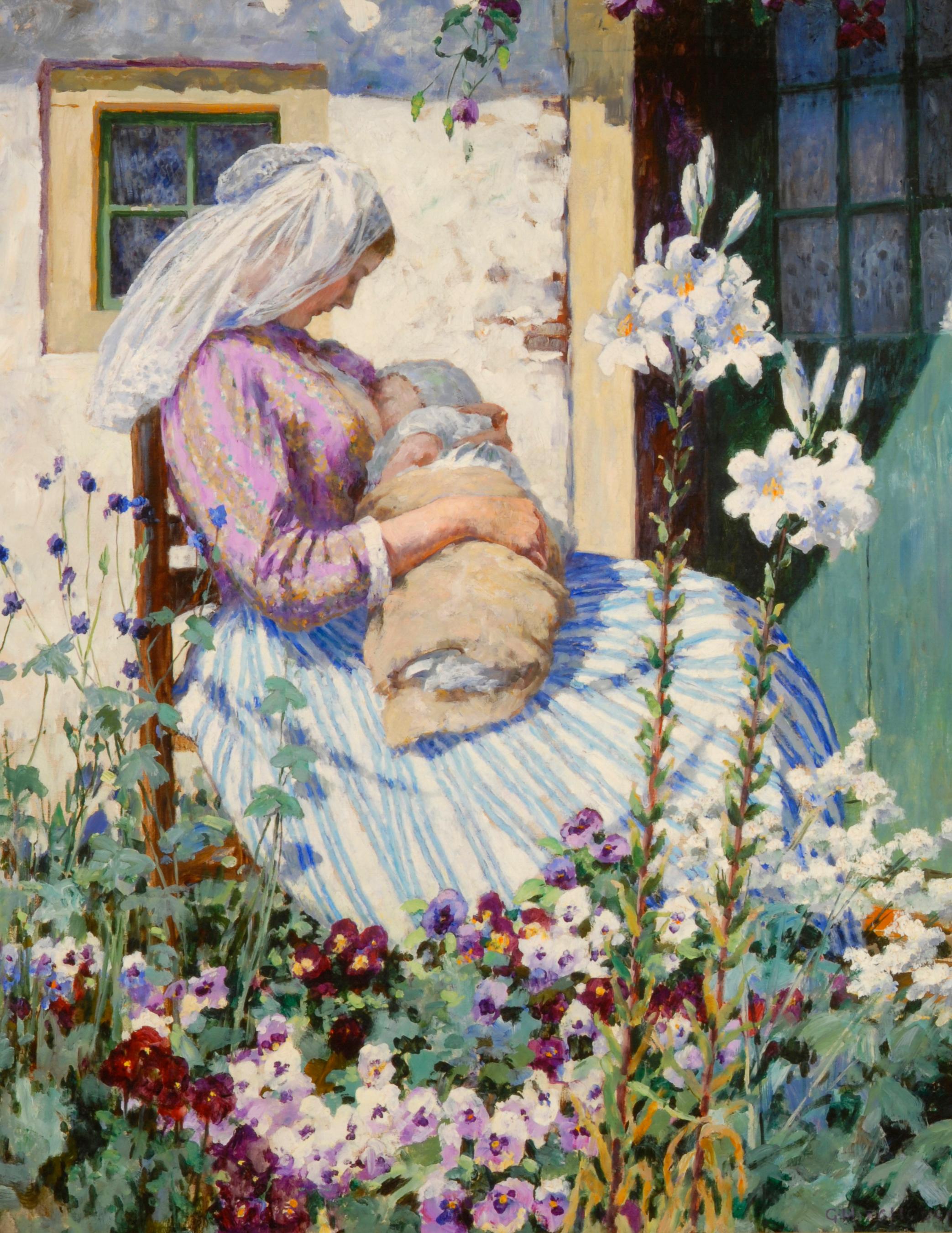 George Hitchcock Figurative Painting - Mother and Child with Lilies 