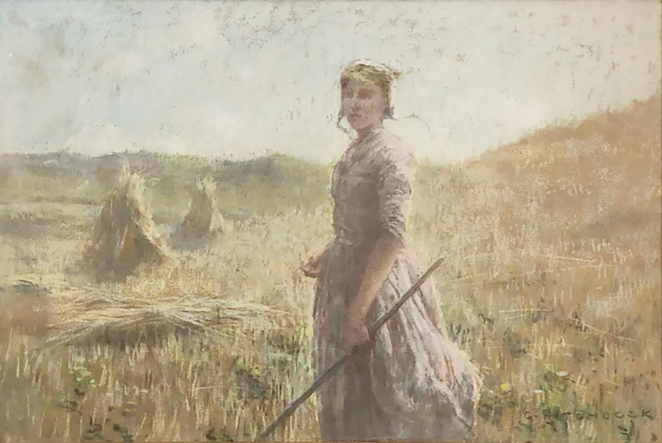 Young peasant, in the field with haystacks - Painting by George Hitchcock