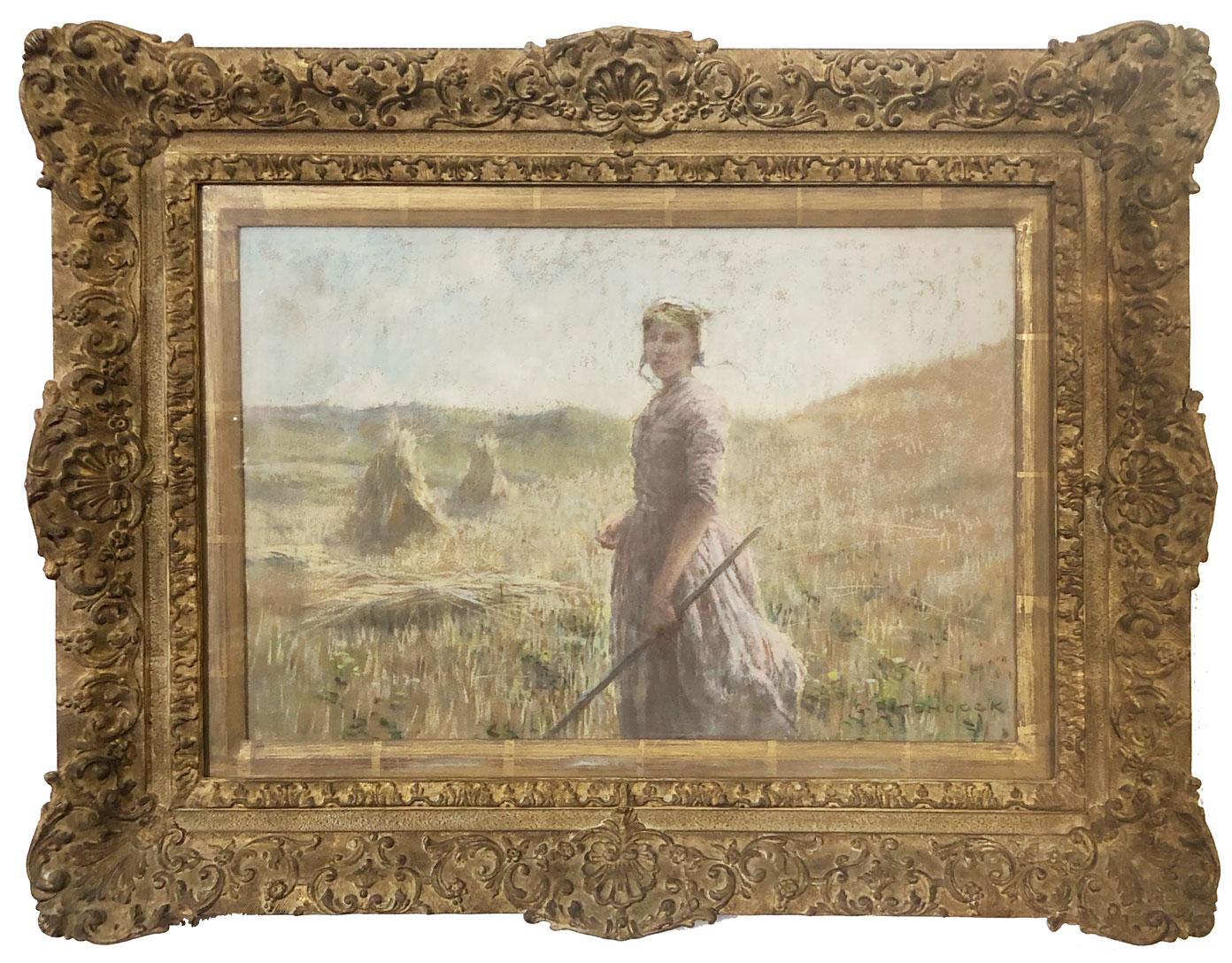 George Hitchcock Figurative Painting - Young peasant, in the field with haystacks