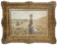 Young peasant, in the field with haystacks