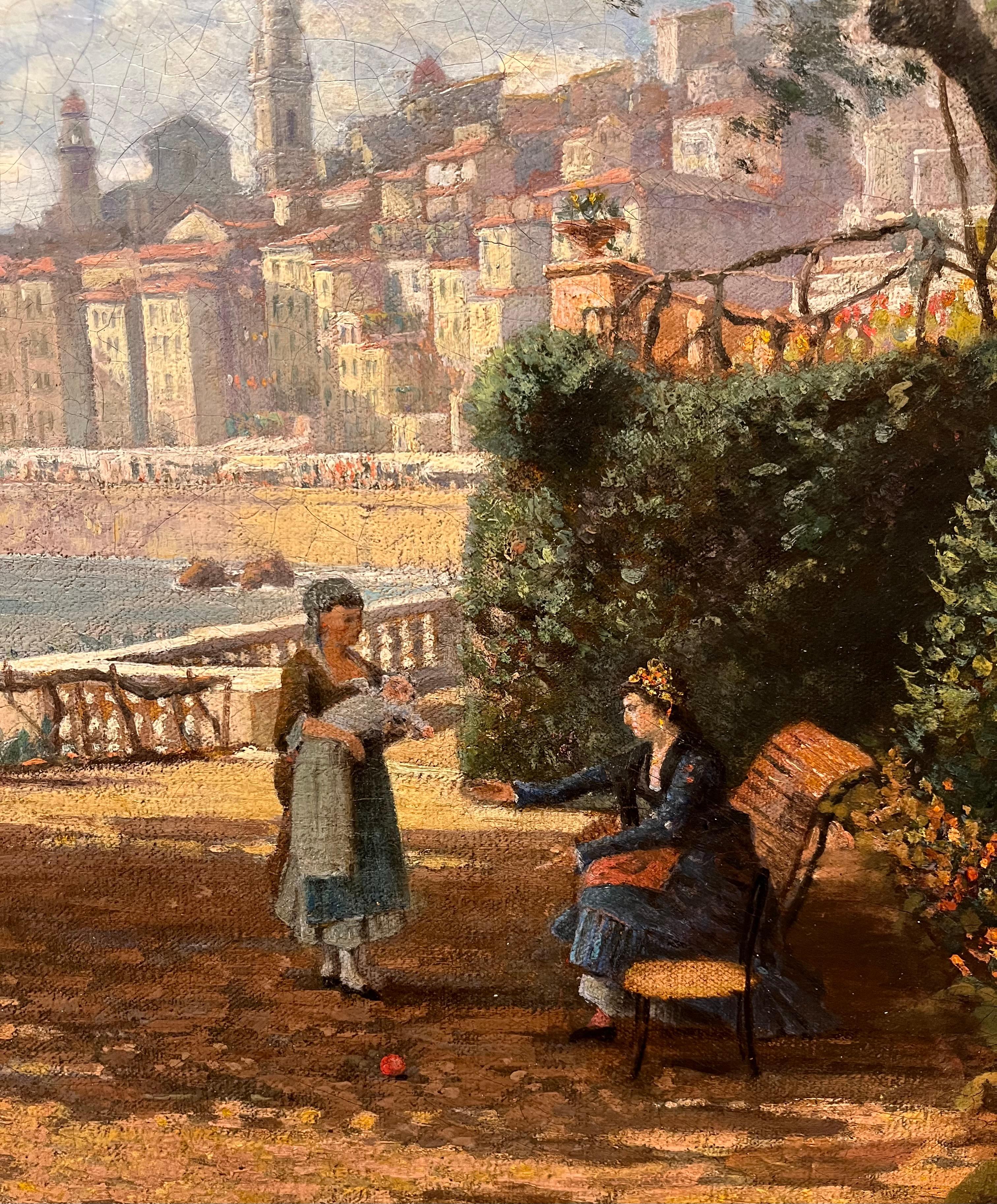 George Hobbs' A Garden in Montone, France lädt den Betrachter zu einem ruhigen Moment der alltäglichen Schönheit inmitten der französischen Landschaft ein. Die Komposition zeigt eine schmale Gasse, die von blühenden Gärten, niedrigen Steinmauern und
