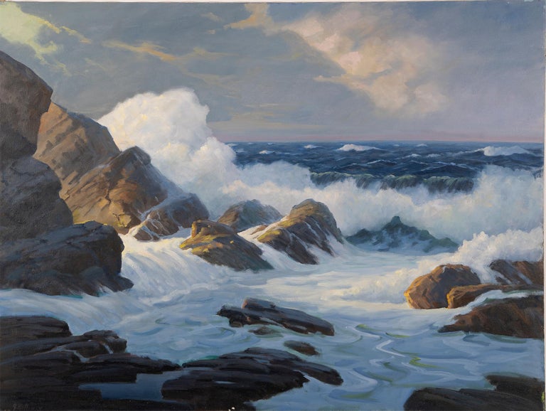 Antique American Impressionist Large Crashing Waves Coastal Seascape Painting - Gray Landscape Painting by George Holloway