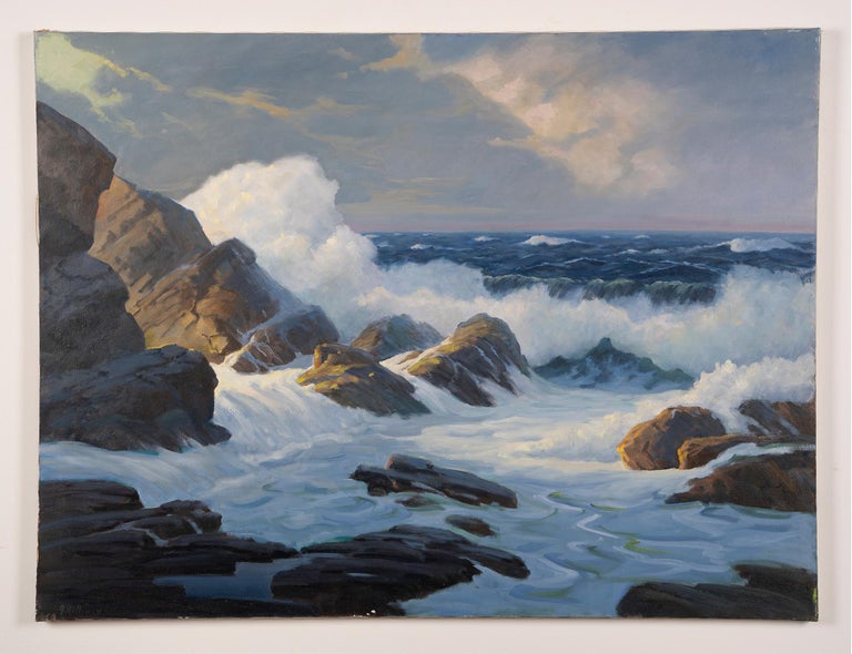 Vintage American impressionist seascape painting.  Oil on canvas, circa 1940.  Signed.  Image size, 40L x 30H.  Unframed.