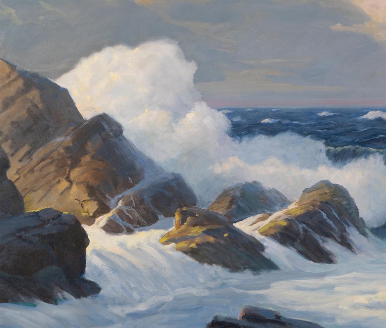 Antique American Impressionist Large Crashing Waves Coastal Seascape Painting 1