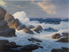 Antique American Impressionist Large Crashing Waves Coastal Seascape Painting