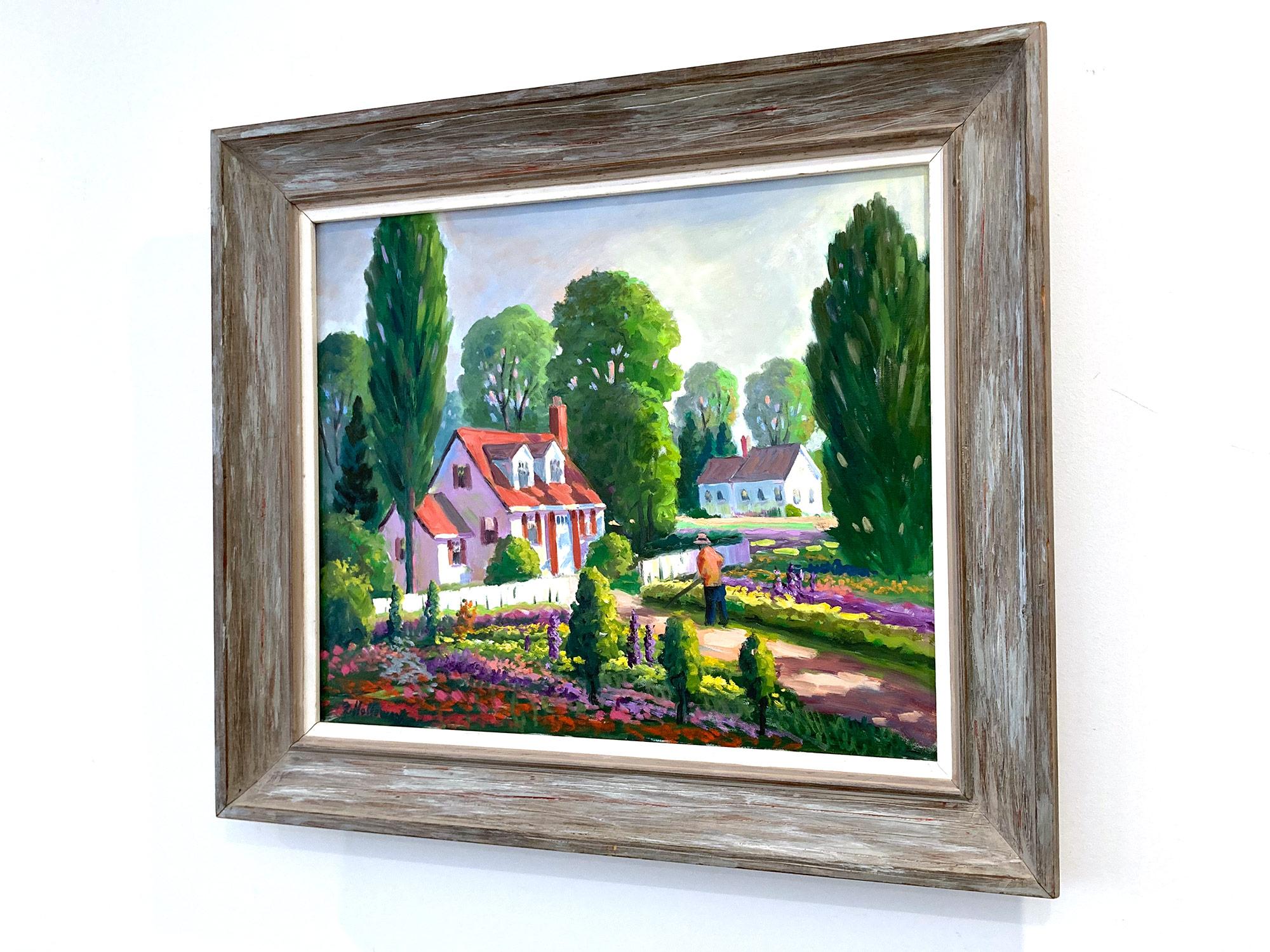 « Sunday Gardening », peinture à l'huile impressionniste florale colorée encadrée en vente 9