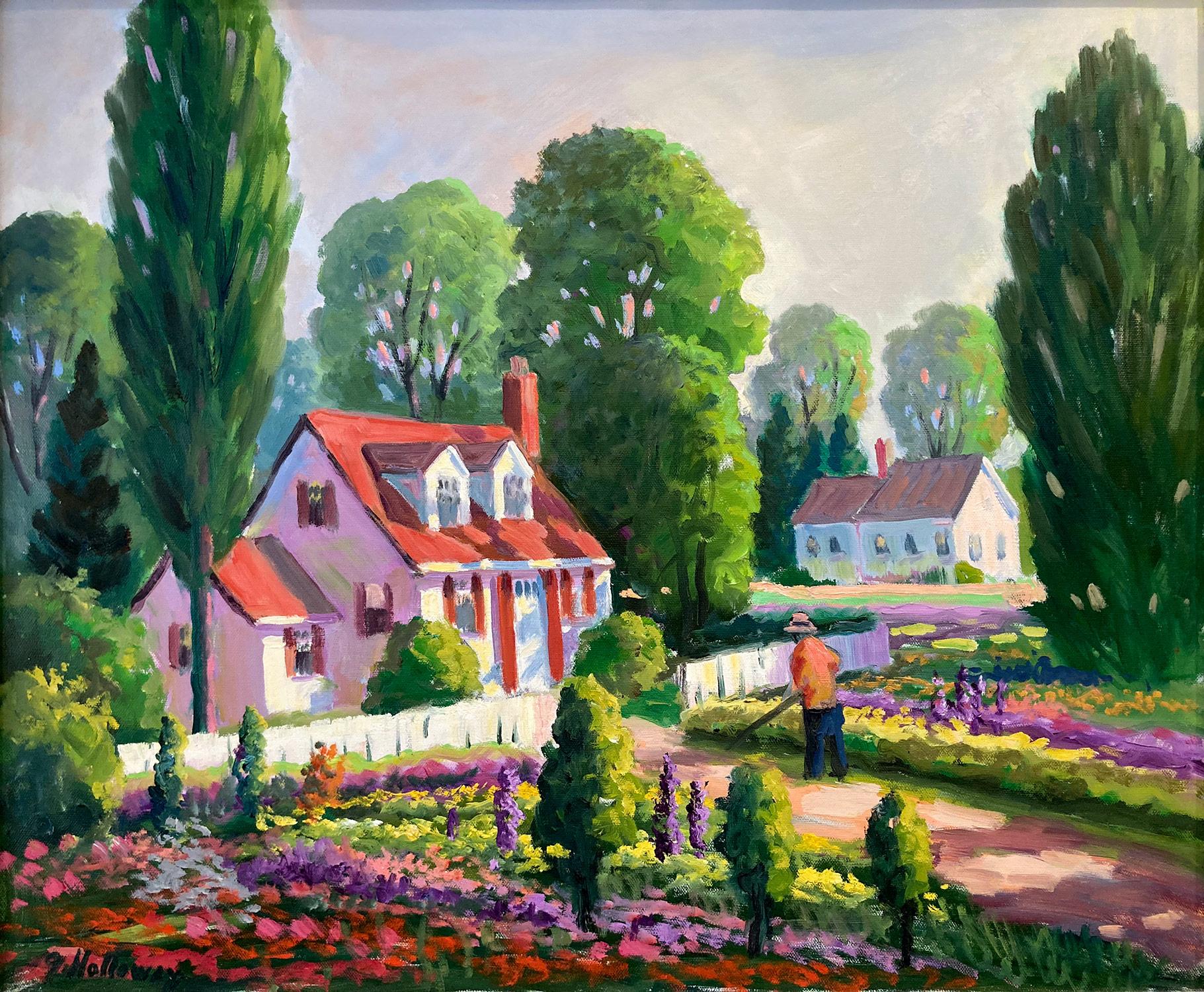 « Sunday Gardening », peinture à l'huile impressionniste florale colorée encadrée - Painting de George Holloway