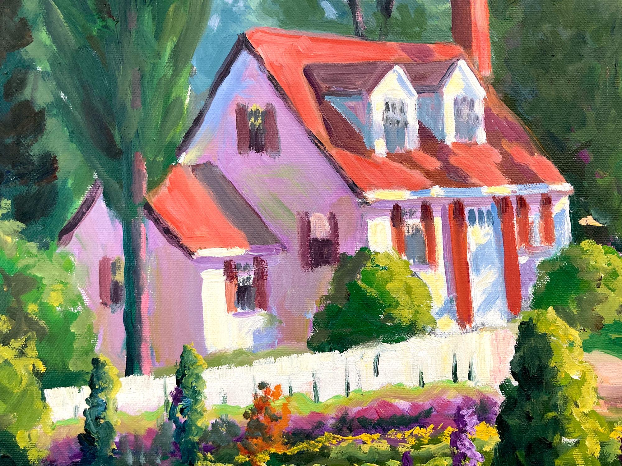 Cette pièce est un exemple pertinent des œuvres les plus recherchées de George Holloway, représentant une vue de jardin avec des fleurs près de maisons éclairées par le soleil.  Artiste impressionniste américain, la plupart des œuvres de Holloway