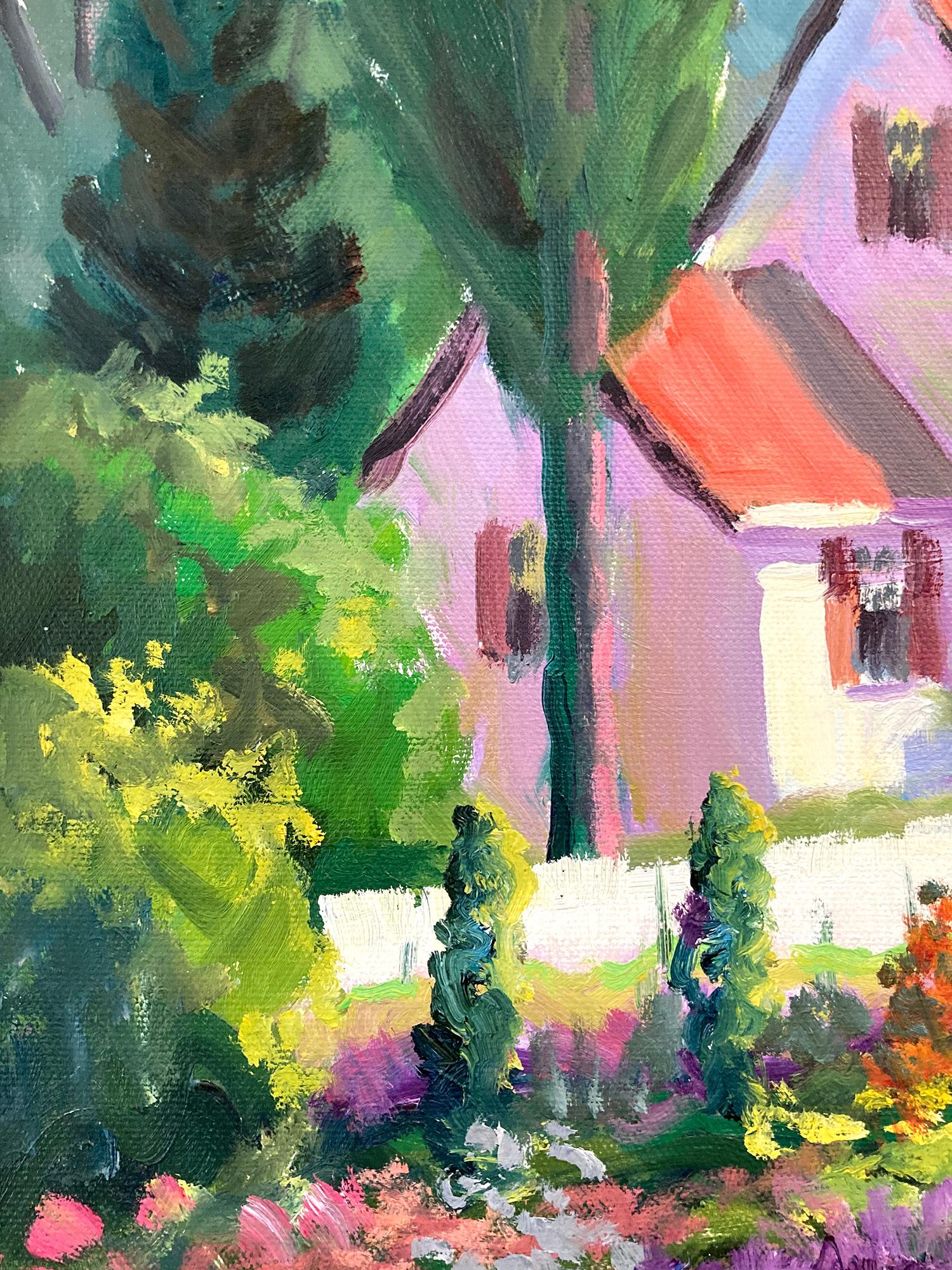 « Sunday Gardening », peinture à l'huile impressionniste florale colorée encadrée en vente 1