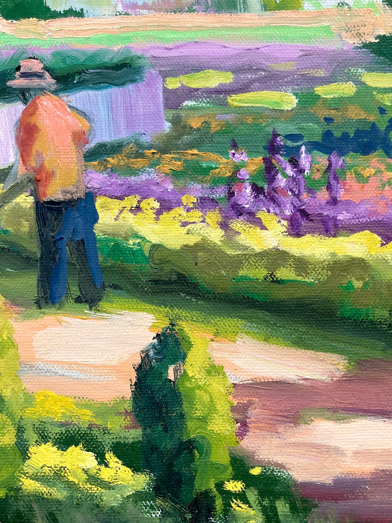 « Sunday Gardening », peinture à l'huile impressionniste florale colorée encadrée en vente 3