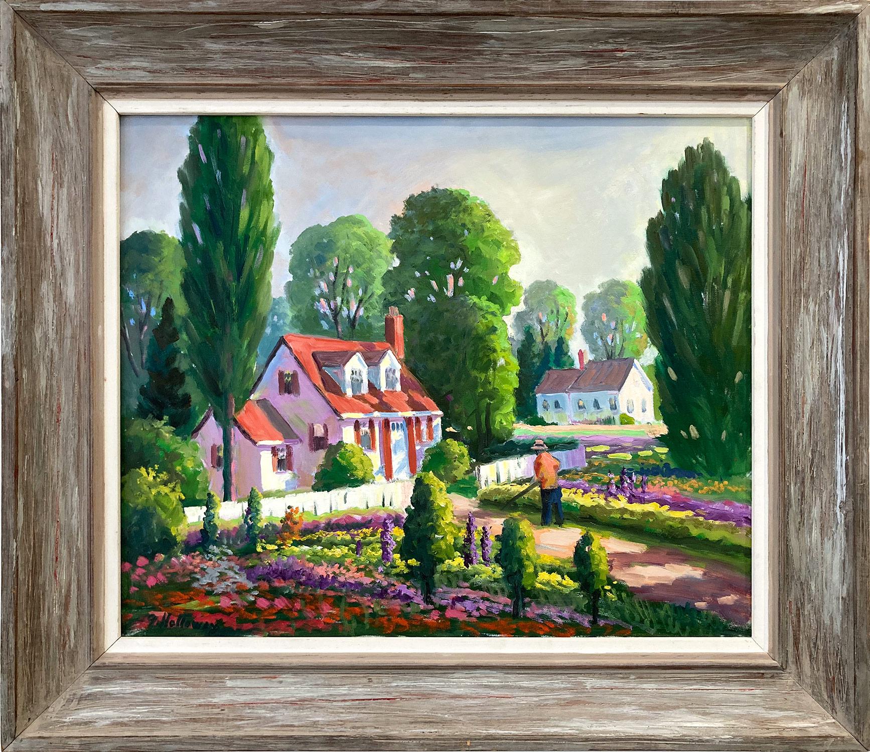 "Sunday Gardening" Pittura a olio floreale colorata e impressionista con cornice