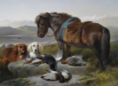 19th Century sporting oil painting of a Highland pony with dogs & game