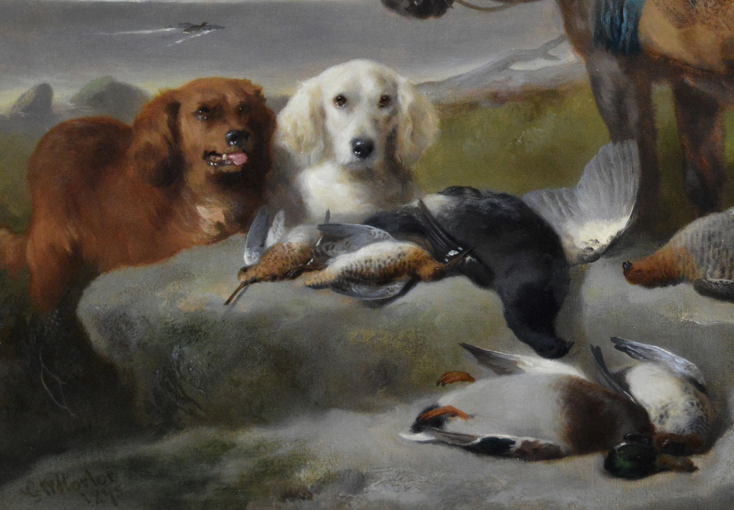 Peinture à l'huile du 19e siècle représentant un cheval des Highlands avec ses chiens et son gibier - Marron Landscape Painting par George Horlor