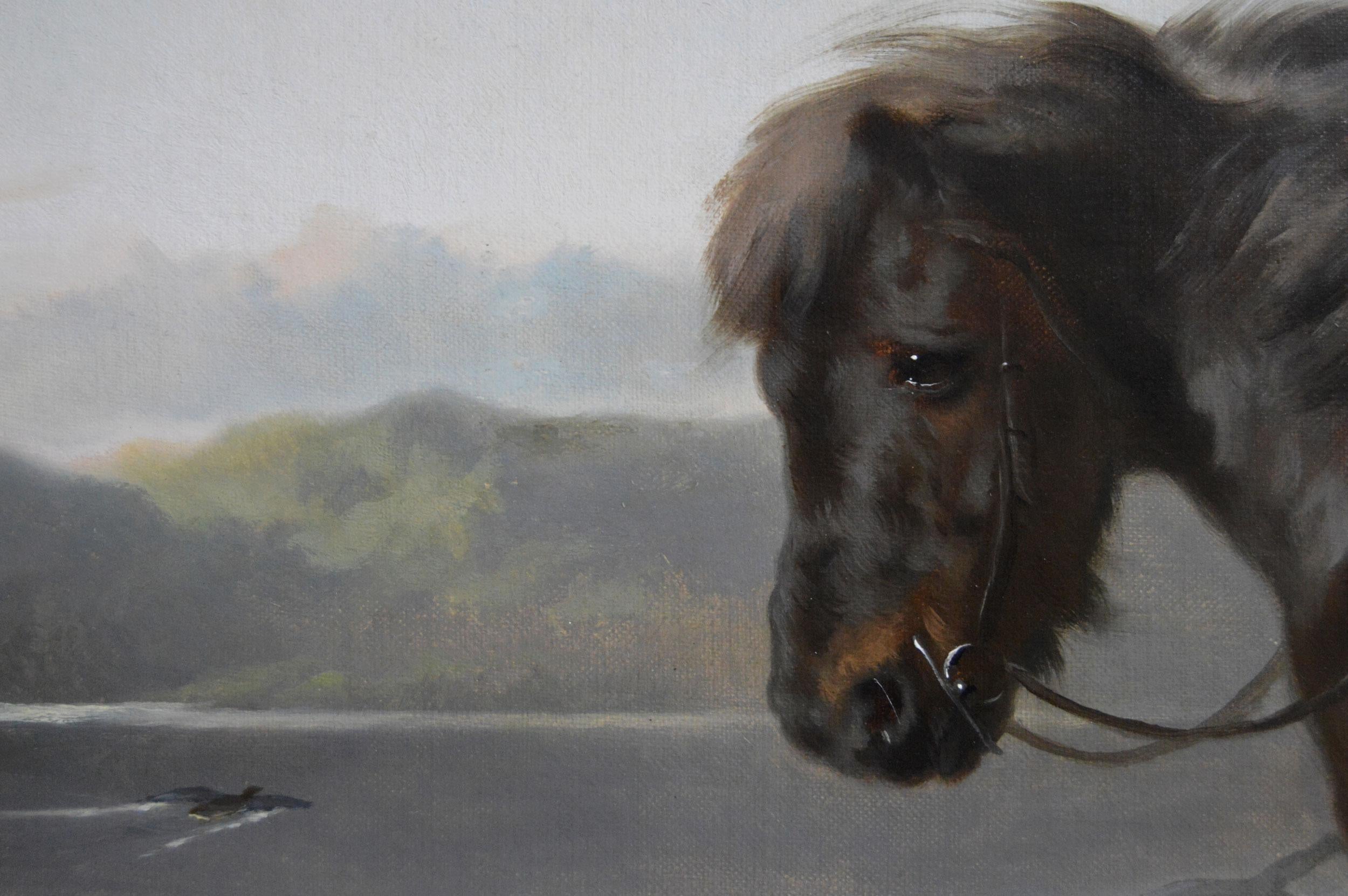 Peinture à l'huile du 19e siècle représentant un cheval des Highlands avec ses chiens et son gibier en vente 1