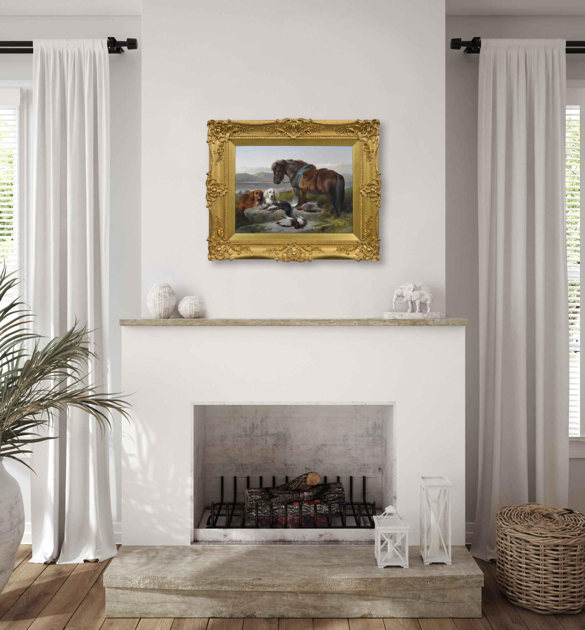 Peinture à l'huile du 19e siècle représentant un cheval des Highlands avec ses chiens et son gibier en vente 3