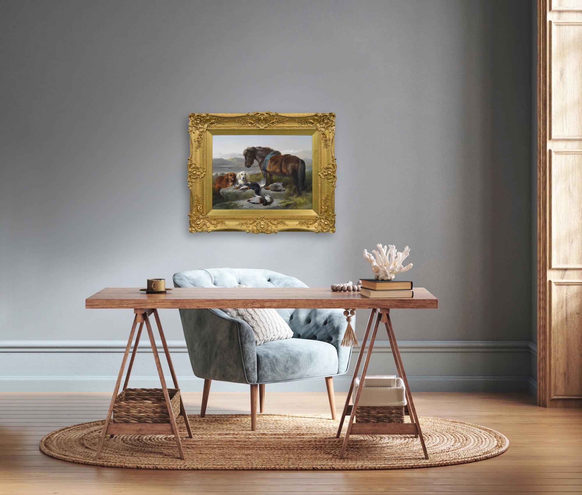 Peinture à l'huile du 19e siècle représentant un cheval des Highlands avec ses chiens et son gibier en vente 5