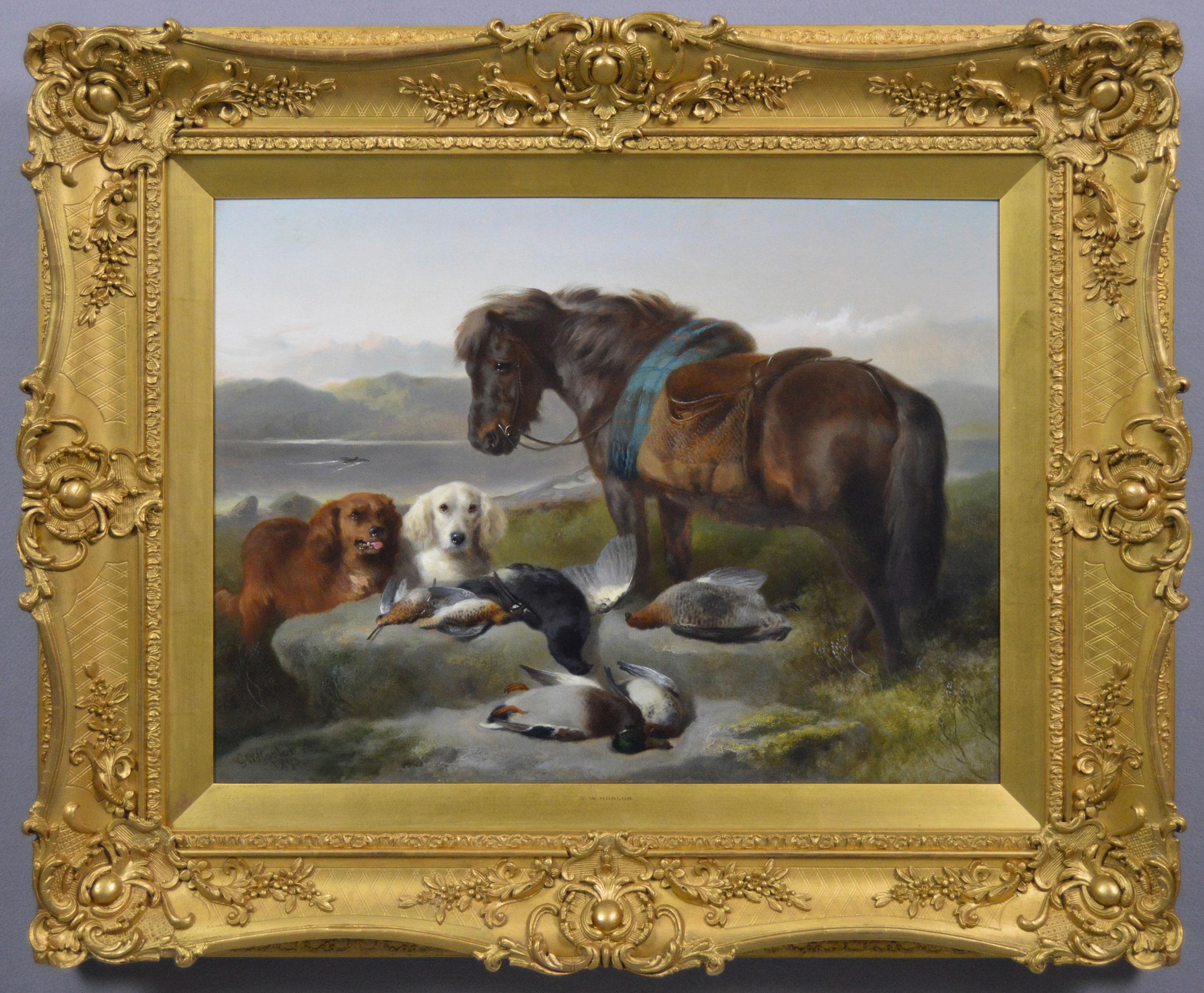 19th Century sporting oil painting of a Highland pony with dogs & game