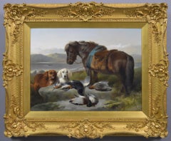 Antique 19th Century sporting oil painting of a Highland pony with dogs & game