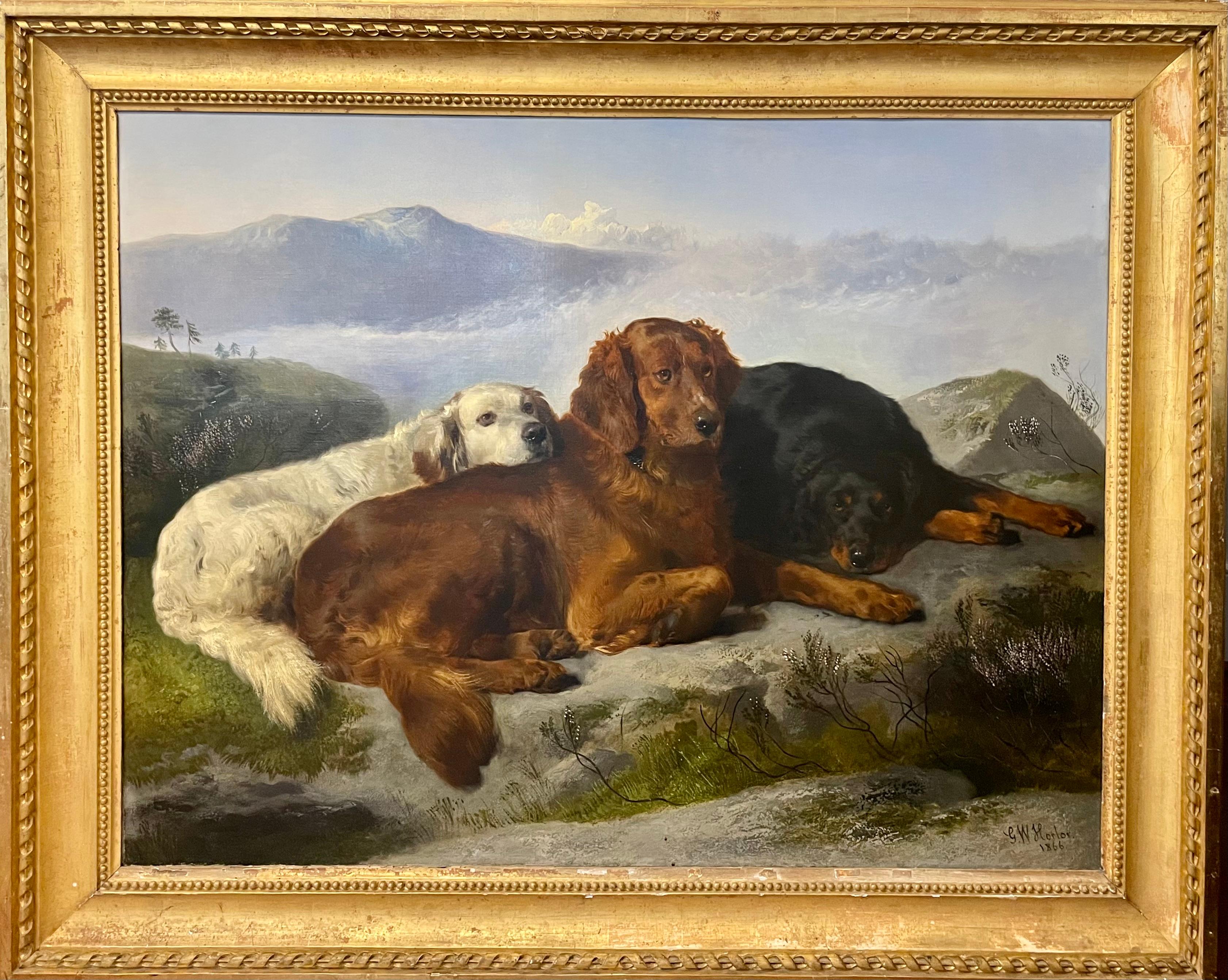 george horlor Landscape Painting - Gun Dogs on Rocky Outcrop