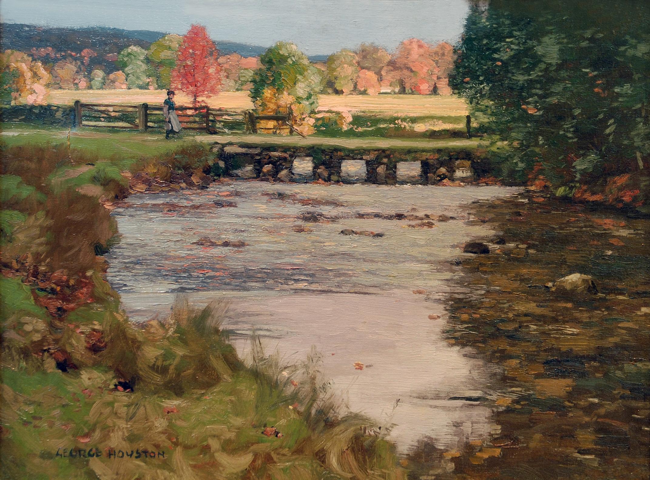 'Footbridge' is an Impressionist pastoral scene of the Scottish landscape, most likely painted in the early 20th Century. The colour palette is beautifully autumnal and the footbridge speaks of centuries gone by. 

George Houston was born in Dalry