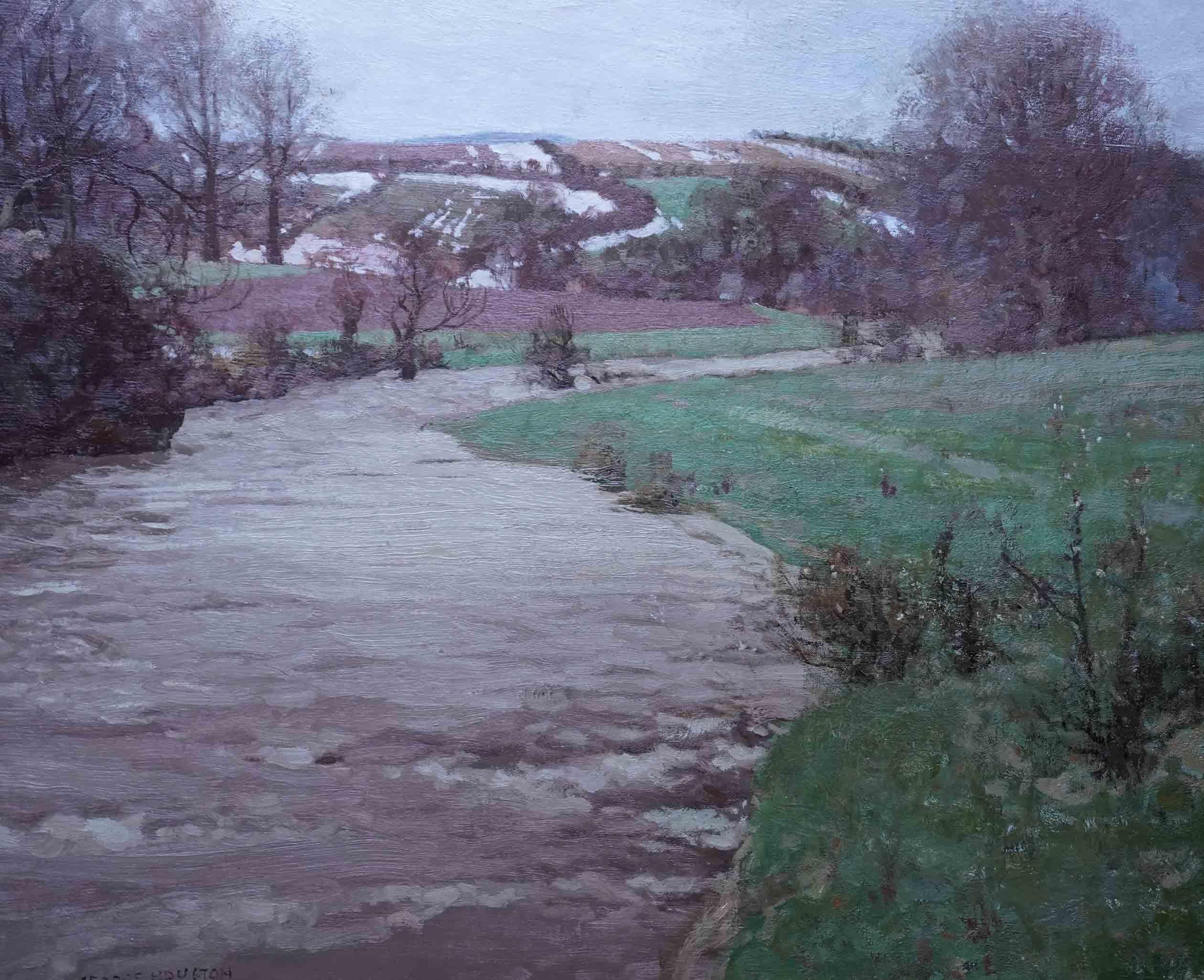 This superb Scottish Impressionist landscape oil painting is by noted artist George Houston. The location is the River Ayr in spring and it was painted circa 1920. The choppy river is in the foreground, looking ready to burst its banks as it flows