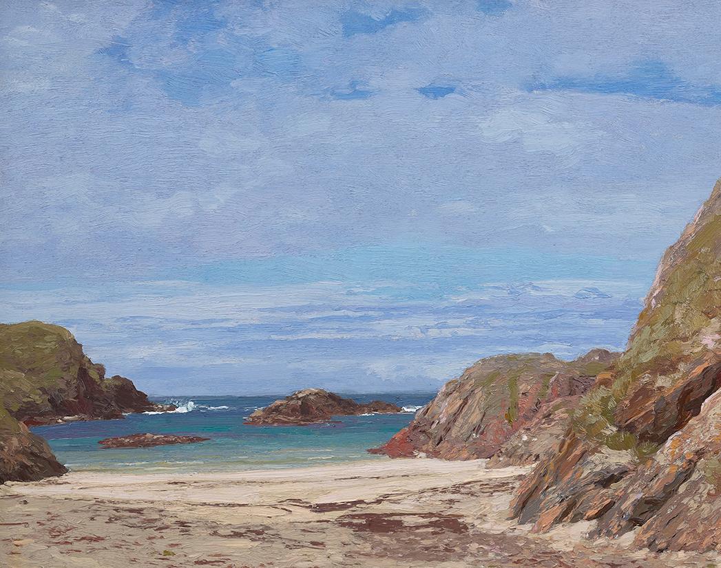 'The West Coast of Scotland' by George Houston. A bright 20th Century Impressionist landscape painting of the Scottish coastline. Blue Sea, rocks and an expanding beach.

George Houston was born in Dalry in 1869 and educated at Saltcoats Public