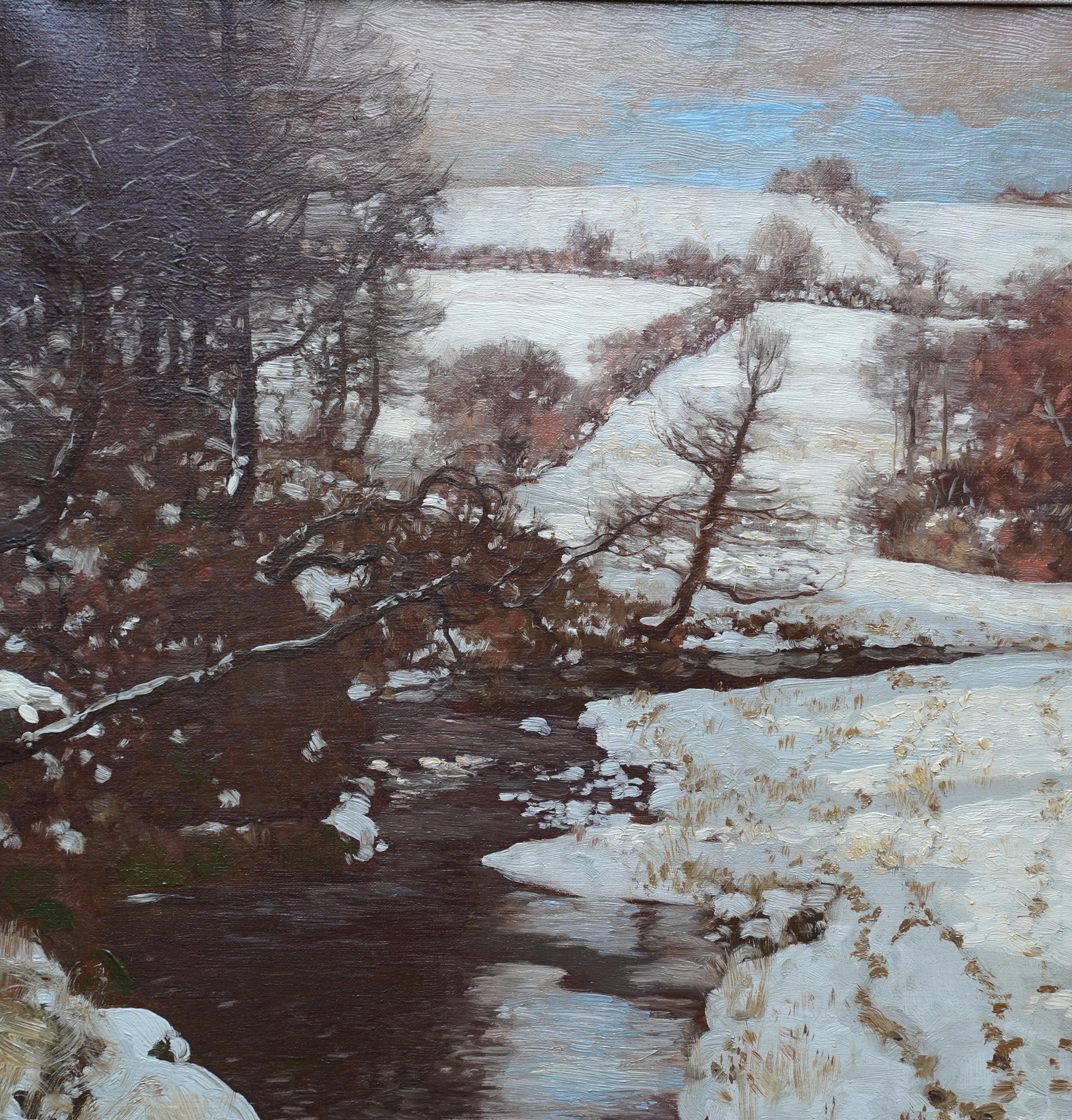 Paisaje invernal con arroyo - Pintura al óleo de arte eduardiano escocés - Painting Realista de George Houston