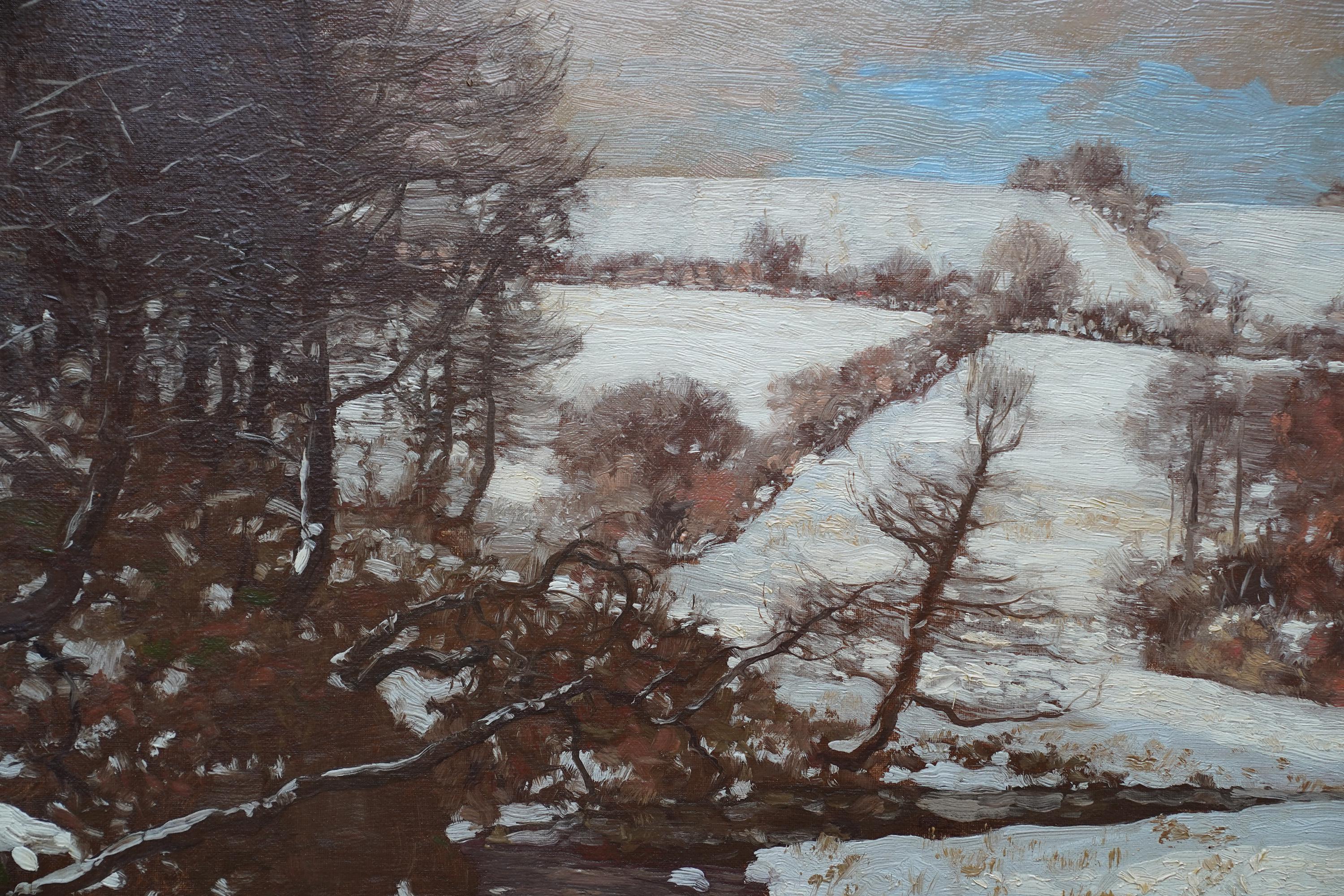 Paisaje invernal con arroyo - Pintura al óleo de arte eduardiano escocés - Landscape Painting Gris de George Houston