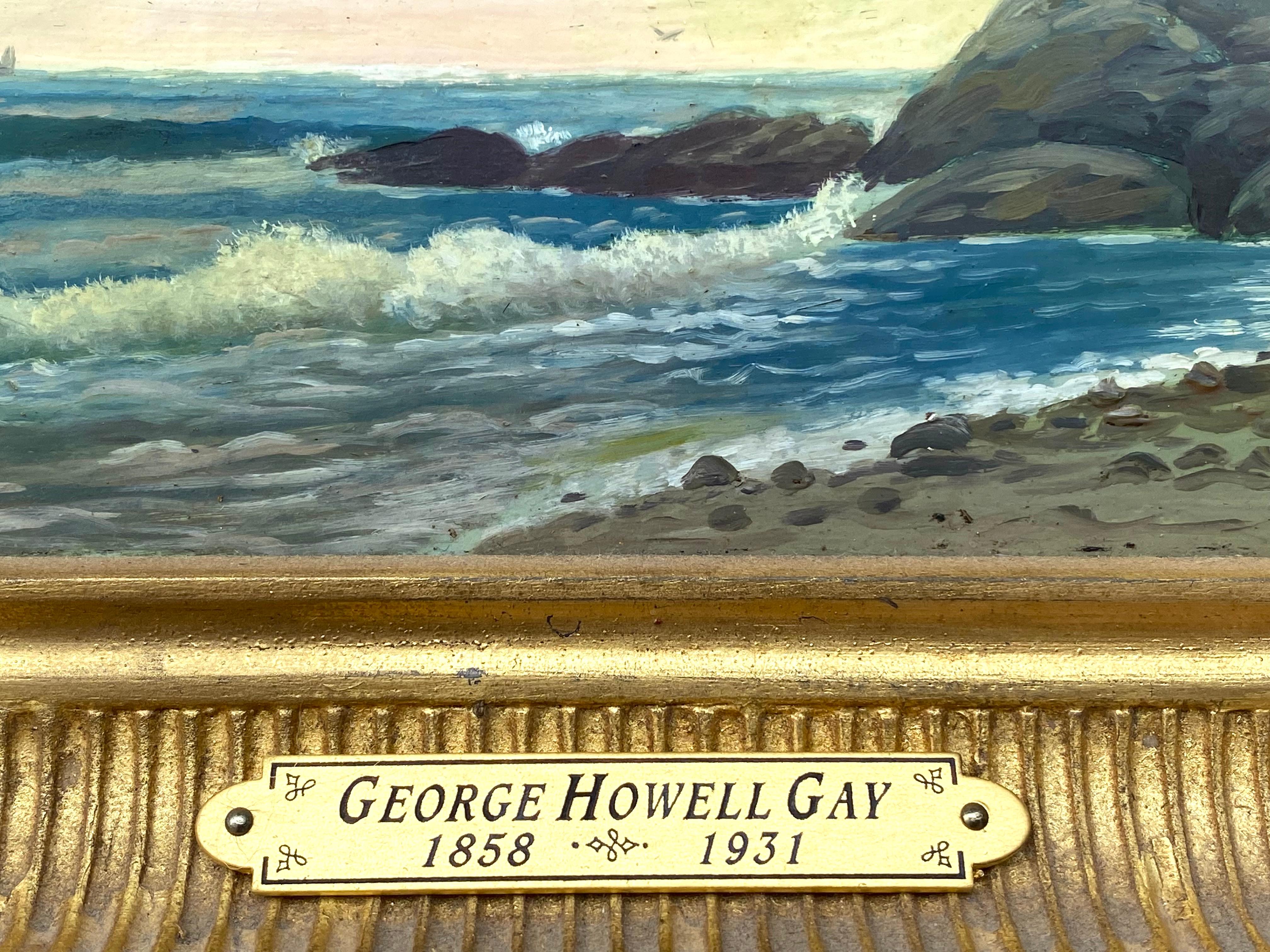 Circa 1895 original oil on board painting by the well known American marine artist, George Howell Gay.  Signed lower right. In very good condition. Framed in a semi antique gold leaf Hudson River cove frame that is not original to the painting.
