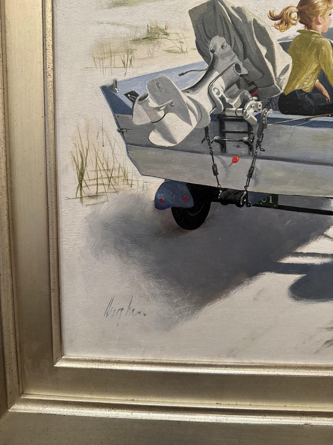 Paseo en barco por la autopista, portada original de verano para The Saturday Evening Post, 1962 - Figurative Painting Gris de George Hughes